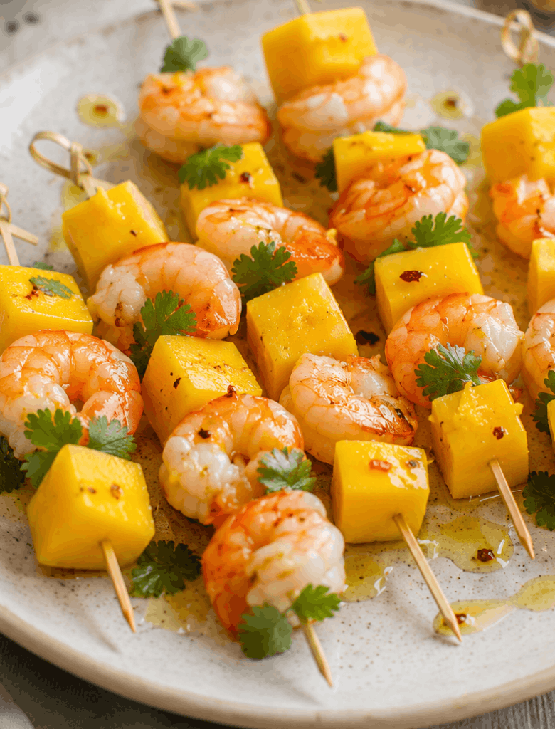 Brochettes de crevettes marinées, mangue & huile d'olive Gingembre