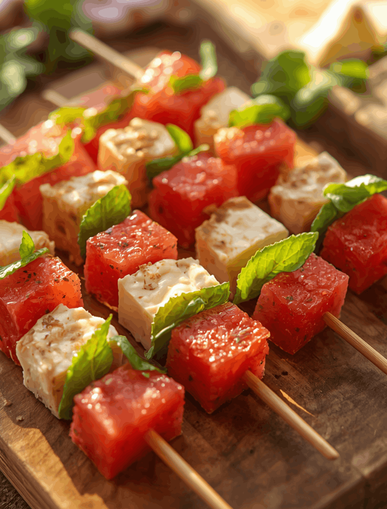 Brochettes de pastèque, feta & huile d'olive Menthe