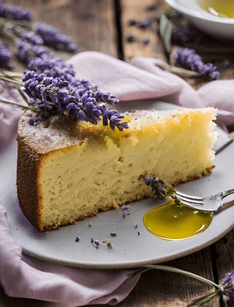 une part de cake à l'huile d'olive et lavande