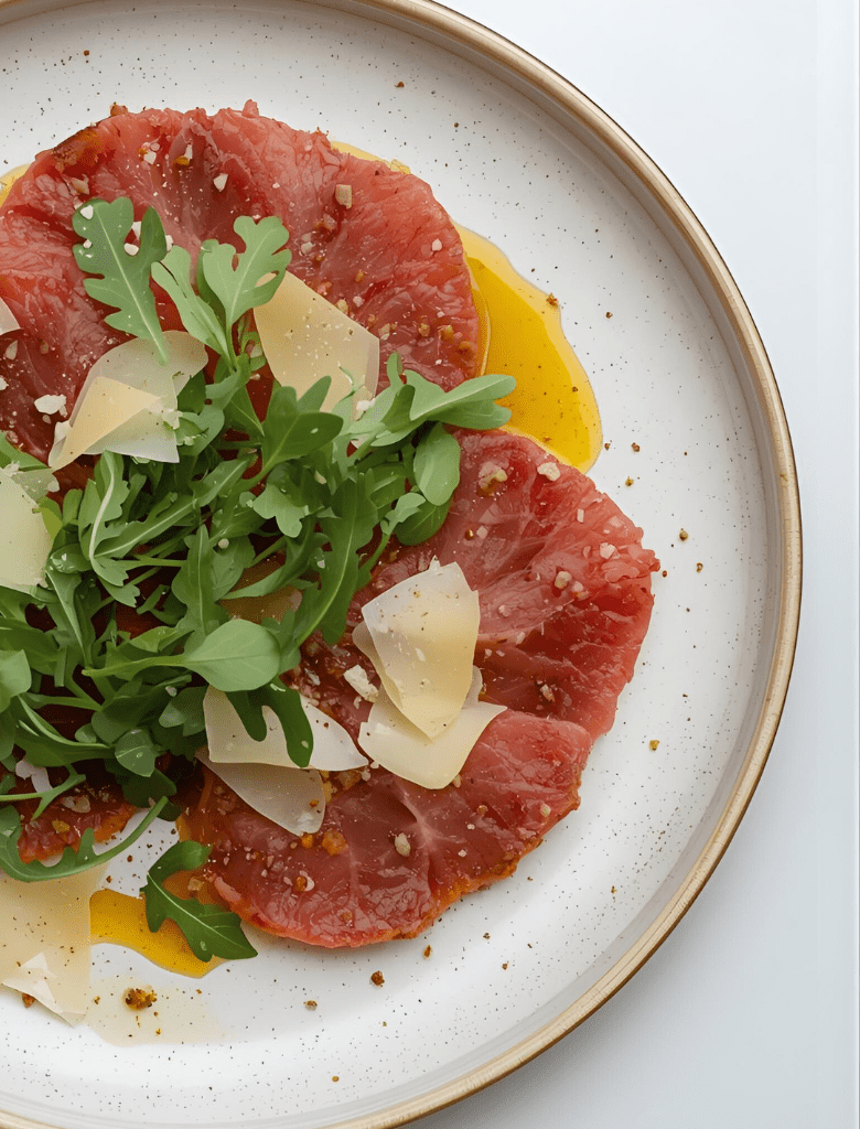 Carpaccio de bœuf, roquette, parmesan et huile d'olive piment