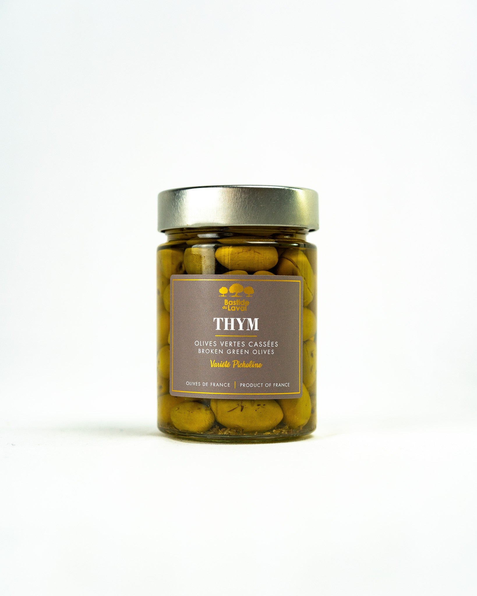 Grüne Picholine-Oliven mit Thymian