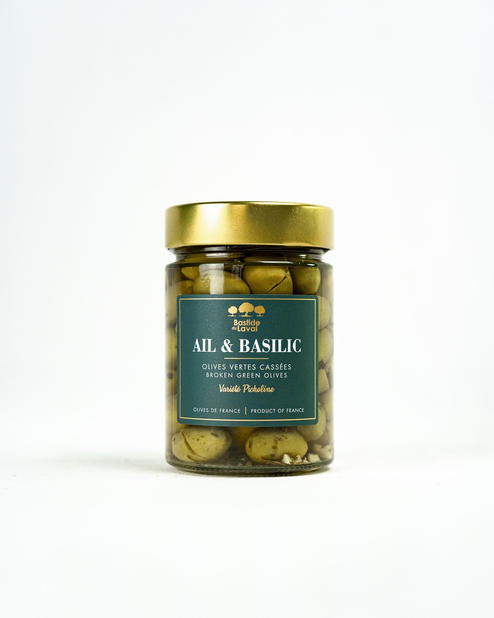 Gebrochene Picholine-Oliven, Knoblauch, Basilikum