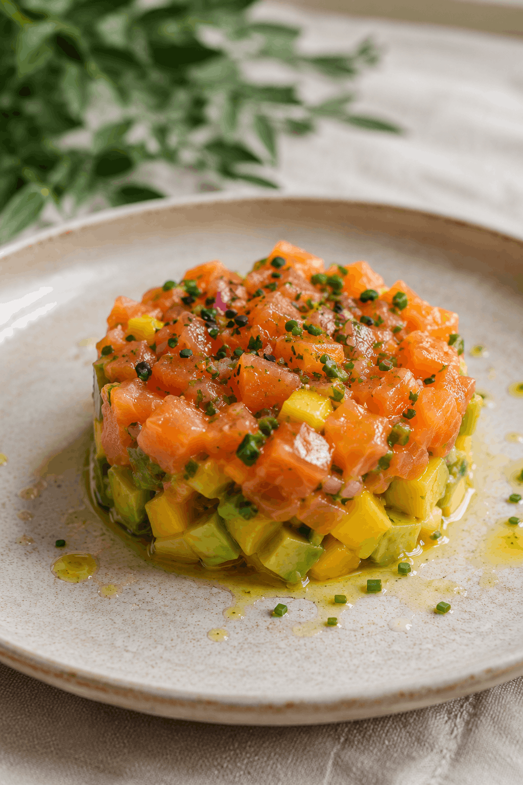 Tartare de saumon, mangue, avocat & huile d'olive gingembre