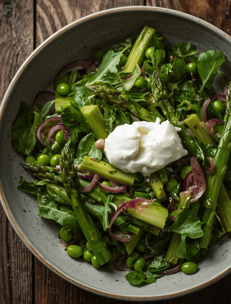 Salade asperges, petits pois, burrata & huile d’olive citron