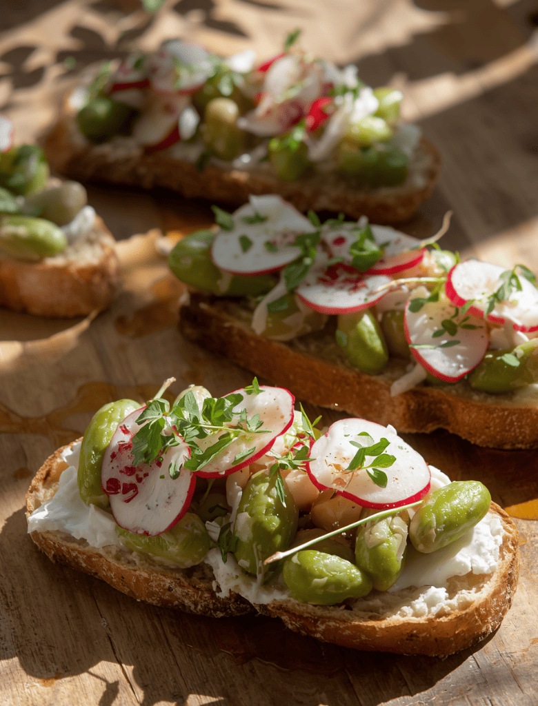 Tartines fèves, radis, fromage frais & huile d’olive Piment