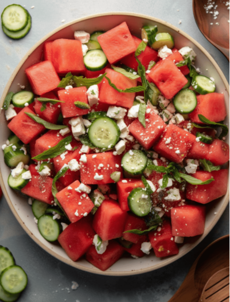 Salade frîche pastèque, feta, menthe, oignon rouge et huile d'olive citron