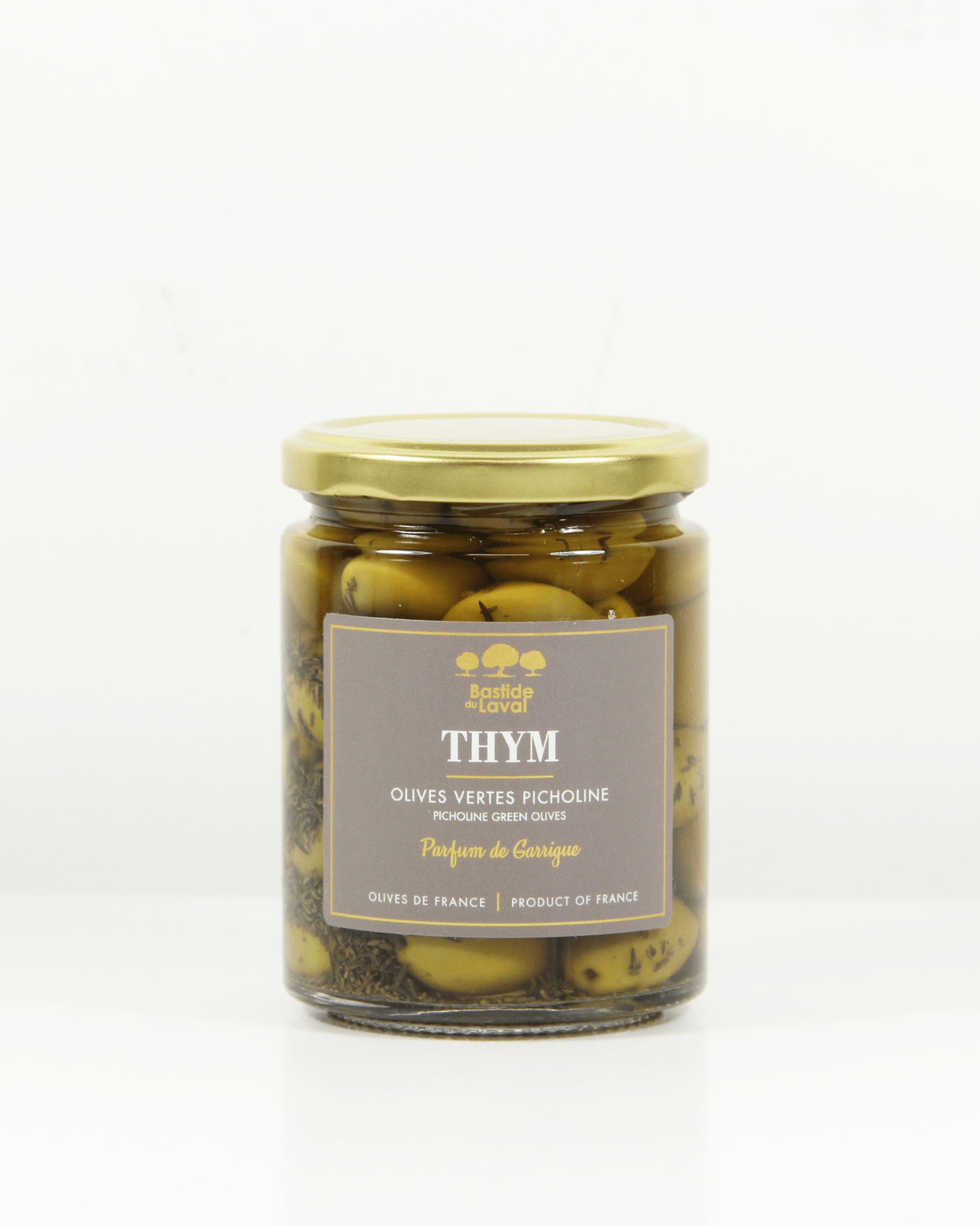 Grüne Picholine-Oliven mit Thymian