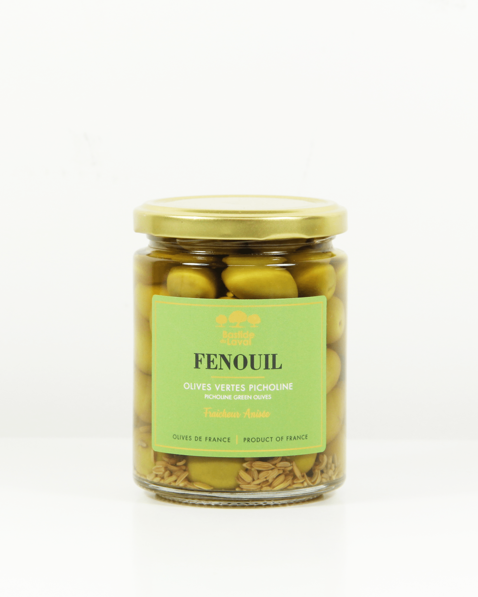Grüne Picholine-Oliven mit Fenchel