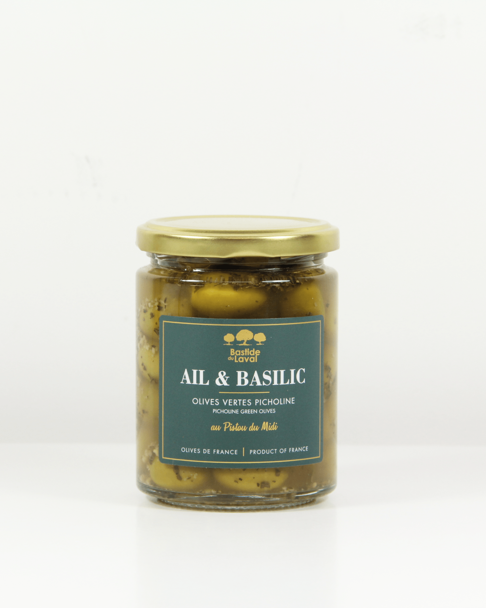 Gebrochene Picholine-Oliven, Knoblauch, Basilikum